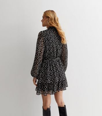 Black Chiffon Spot Print Tiered Mini Dress New Look