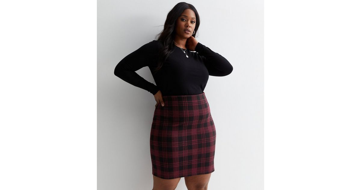 Curves Red Check Mini Tube Skirt | New Look