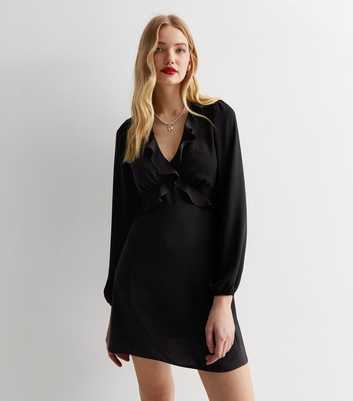 Black Satin Frill Long Sleeve Mini Dress