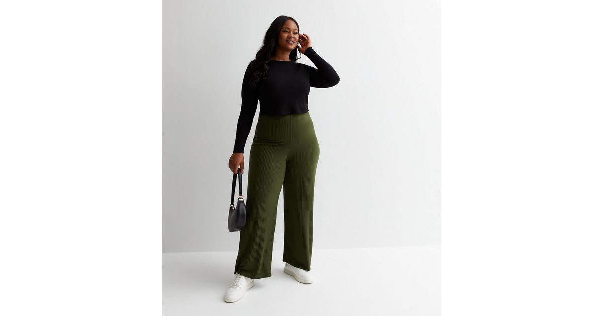 Curves Khaki Ribbed Wide Leg Trousers | New Look