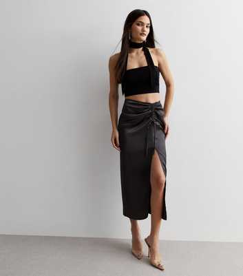 Dark Grey Ruched Split Hem Midi Skirt
