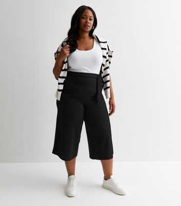 Curves Black Belted Crop Wide Leg Trousers