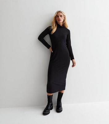 New Look Petite ribbed midi dress with side slit in black