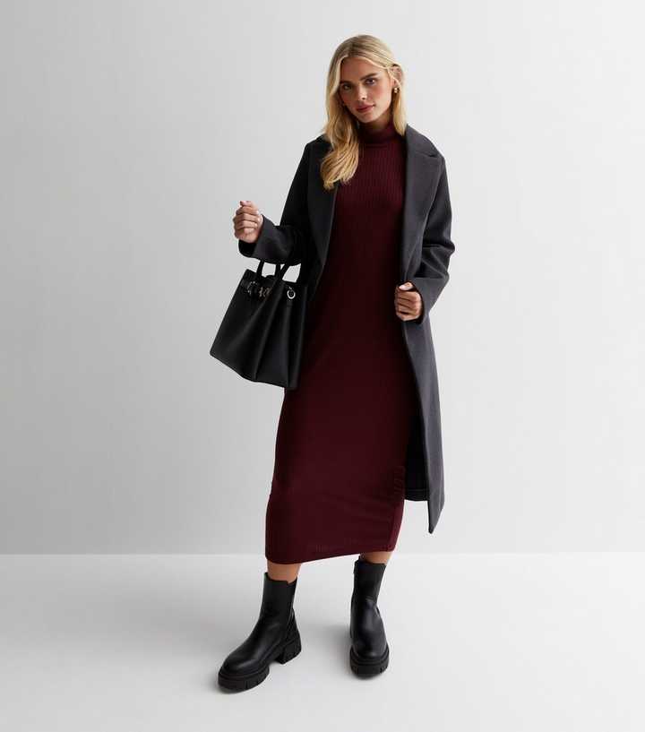 Petite Burgundy Ribbed Jersey High Neck Midi Dress | New Look