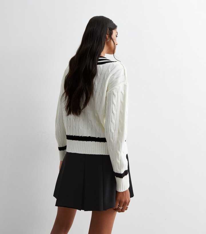 White Cable Knit V Neck Varsity Jumper