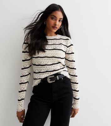 White Stripe Crochet Knit Long Sleeve Jumper New Look