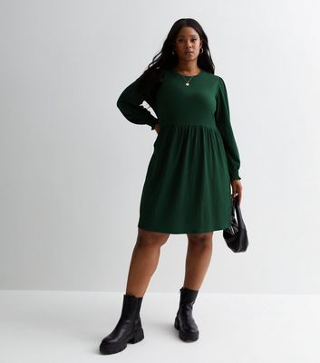 Curves Dark Green Crinkle Jersey Long Sleeve Mini Smock Dress New Look