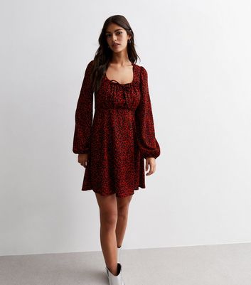 Red Animal Print Crinkle Jersey Puff Sleeve Mini Dress New Look
