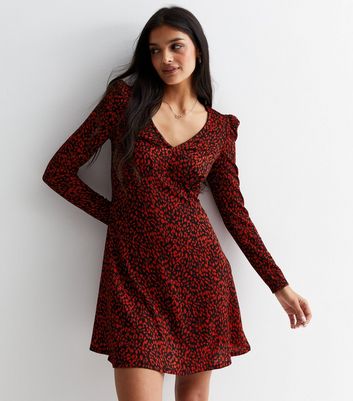 Red Animal Print Crinkle Jersey Long Sleeve Mini Dress New Look