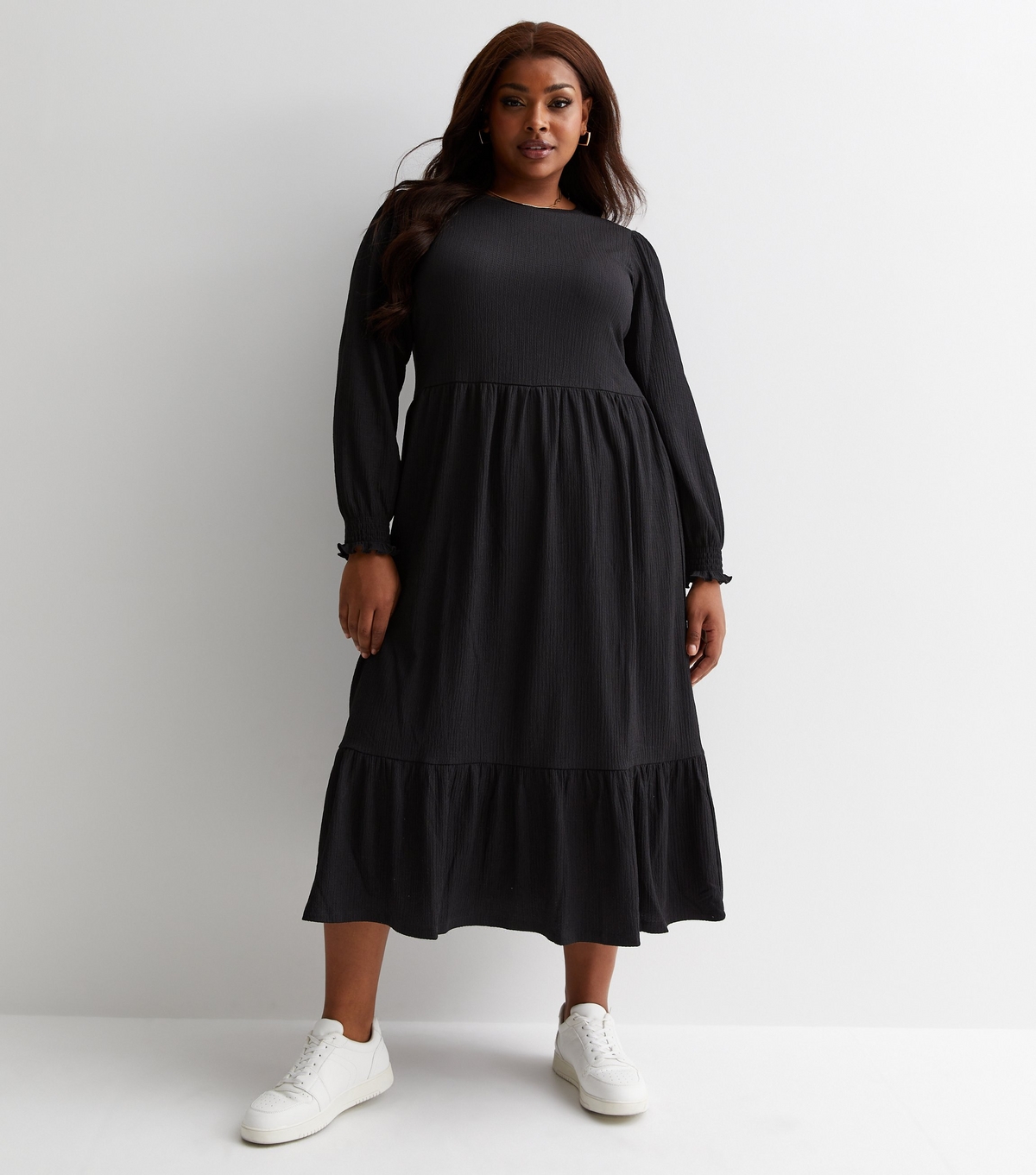 Women's Plus Size Black Crinkle Jersey Smock Midi Dress Curves New Look