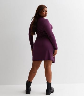 Curves Dark Purple Ribbed Long Sleeve Wrap Mini Dress New Look