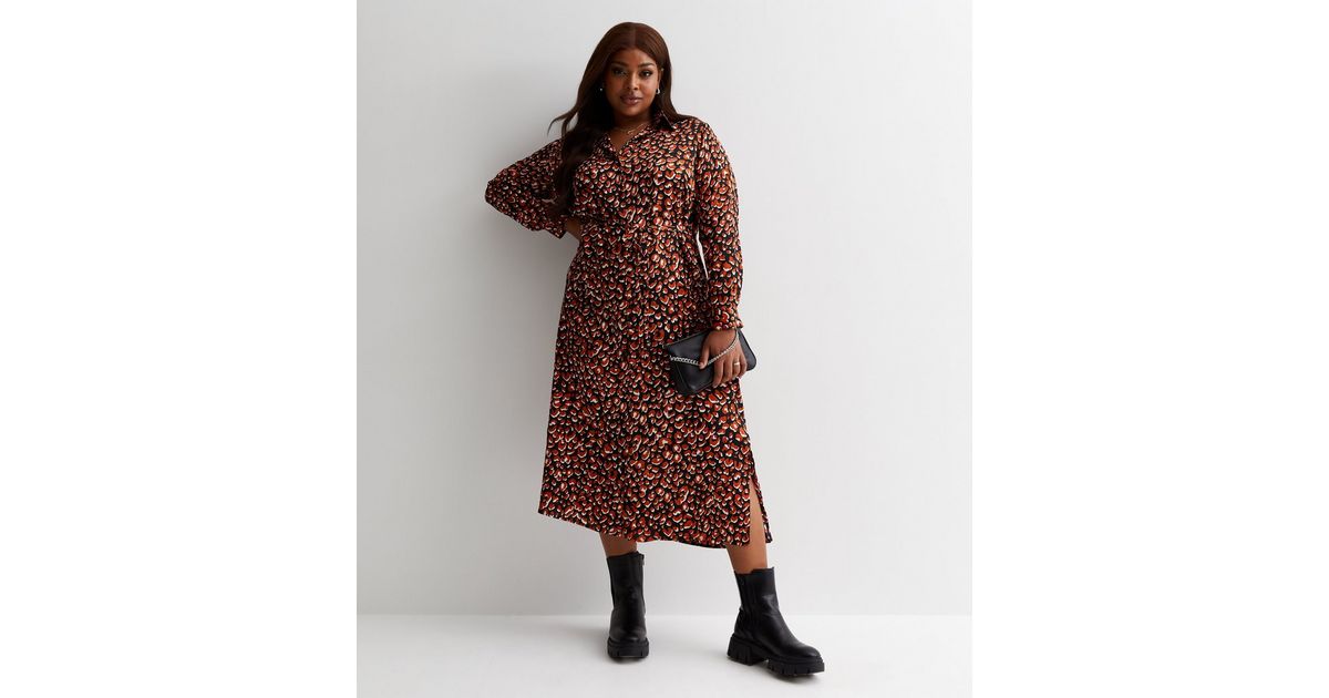 Curves Red Leopard Print Satin Tie Waist Midaxi Shirt Dress New Look - Main Image