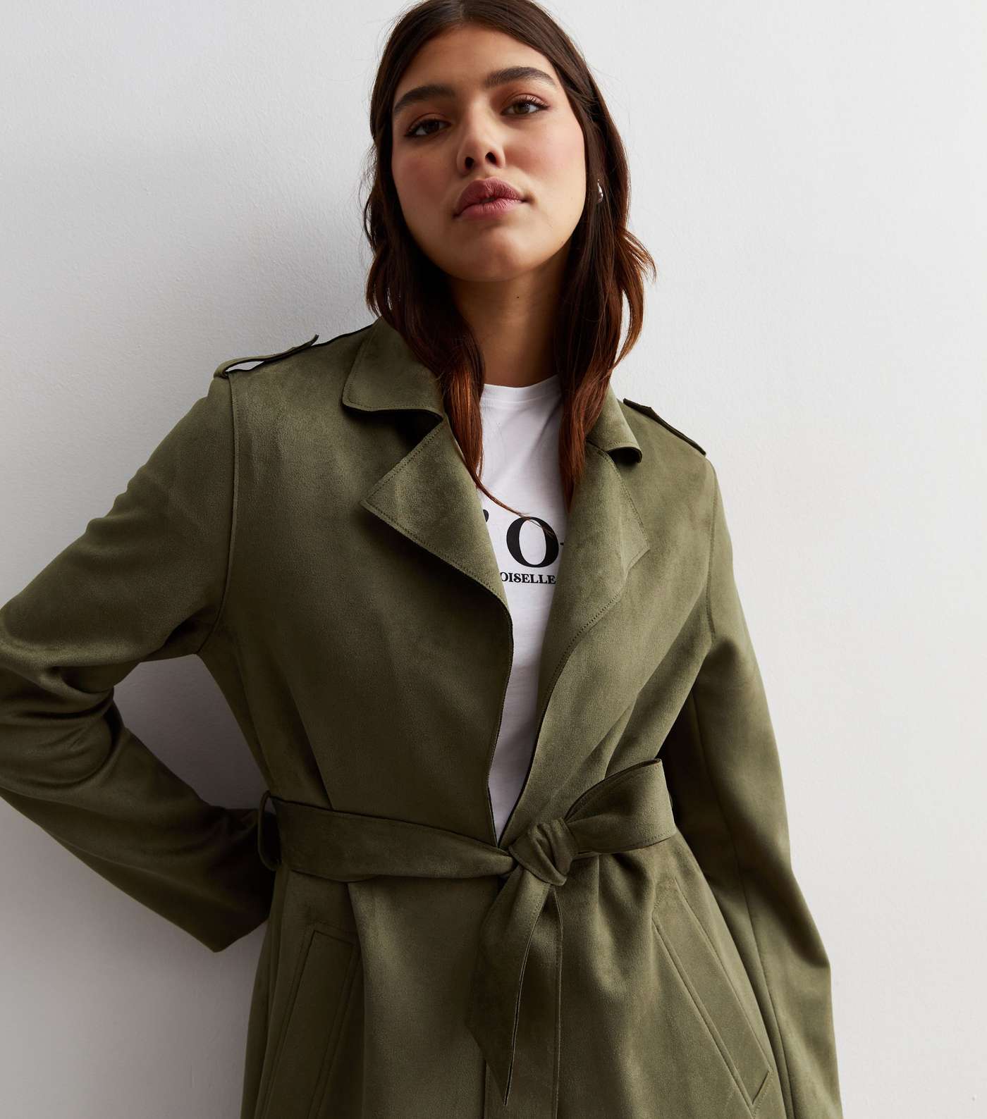 Tall Khaki Suedette Belted Duster Coat Image 2