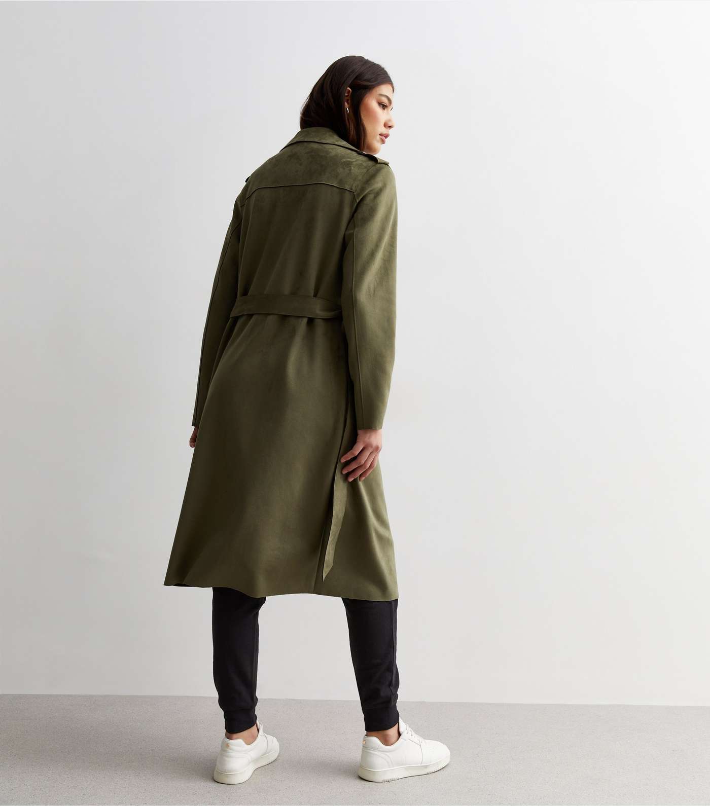 Tall Khaki Suedette Belted Duster Coat Image 4