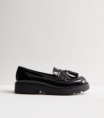 Wide Fit Black Patent Chunky Loafers New Look