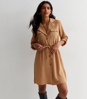 Cameo Rose Camel 1 2 Sleeve Utility Mini Shirt Dress New Look