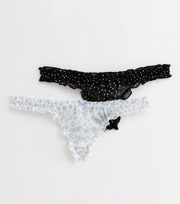2 Pack Black and Blue Floral Spot Thongs New Look