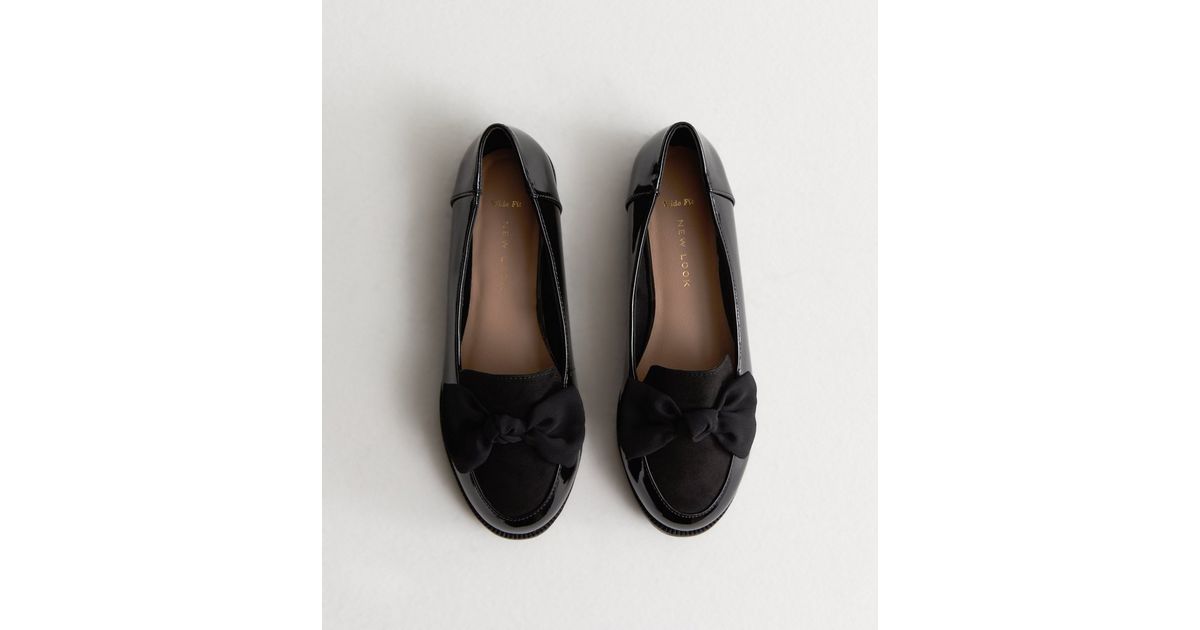 Wide Fit Black Patent Suedette Bow Loafers New Look
