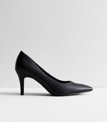 Black Leather-Look Pointed Stiletto Heel Court Shoes