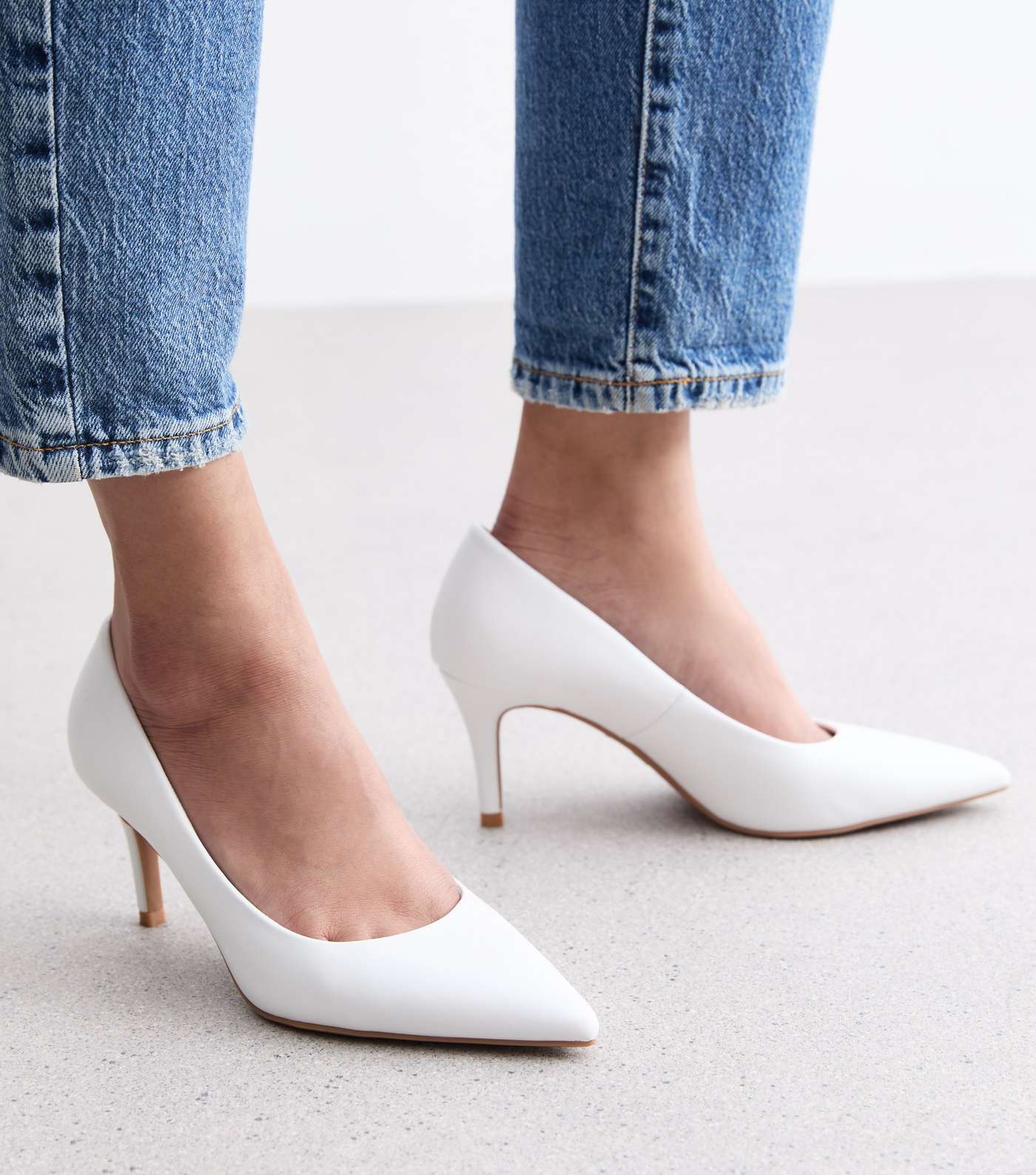 White Leather-Look Pointed Stiletto Heel Court Shoes Image 2