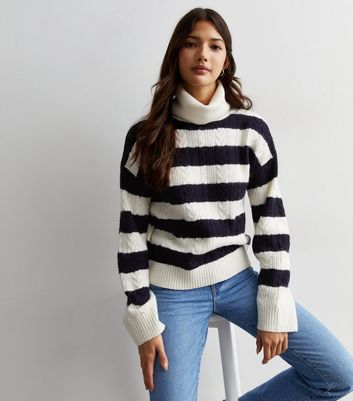 Off White Stripe Cable Knit Roll Neck Jumper New Look
