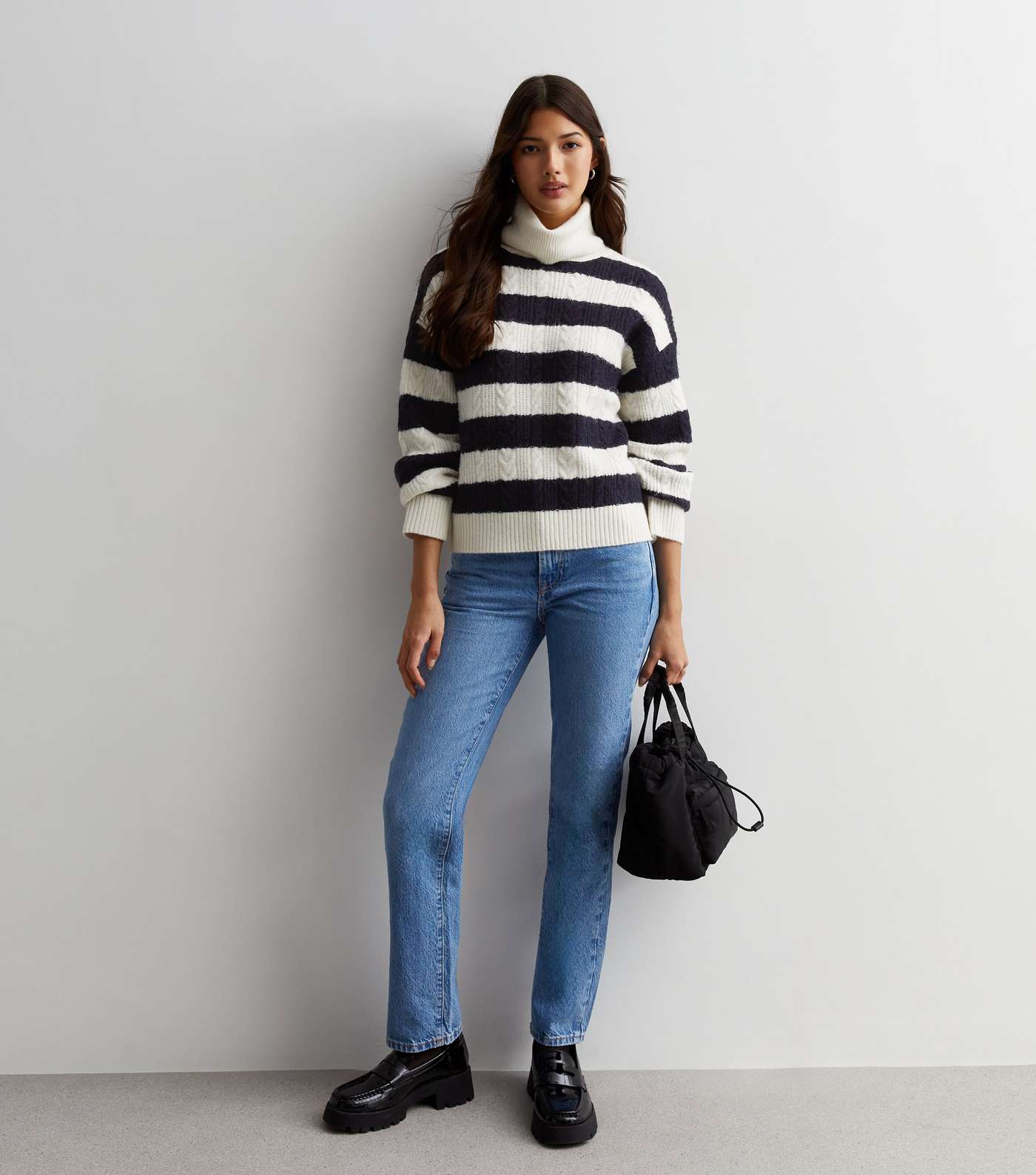 Off White Stripe Cable Knit Roll Neck Jumper Image 3
