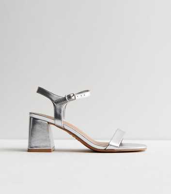Silver Leather-Look 2 Part Block Heel Sandals