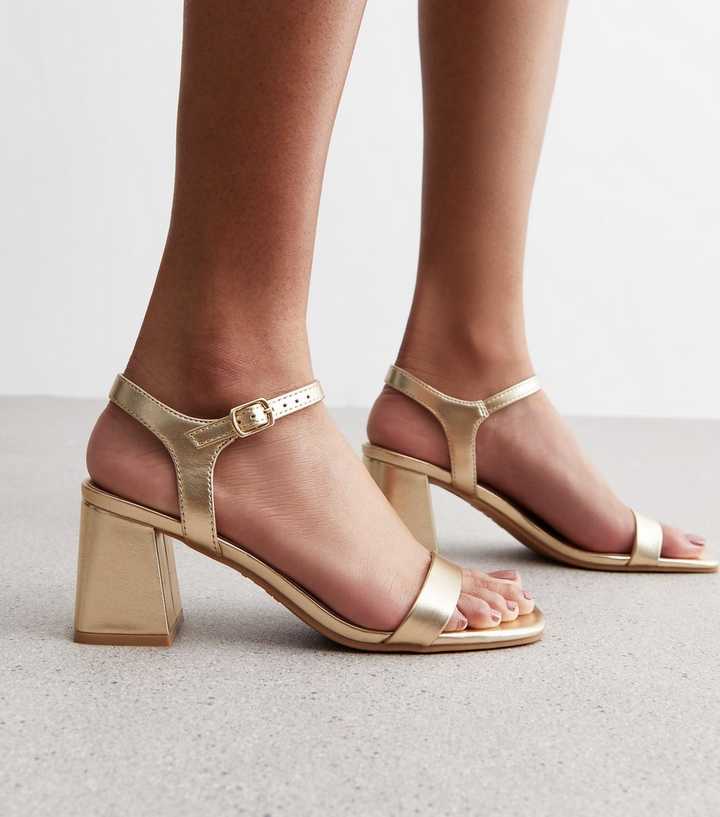 Gold Patent Block Heel Sandals 