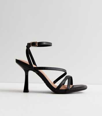 Black Leather-Look Strappy Stiletto Heel Sandals