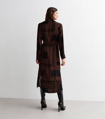 Brown Geometric Print Belted Shirt Midi Dress New Look