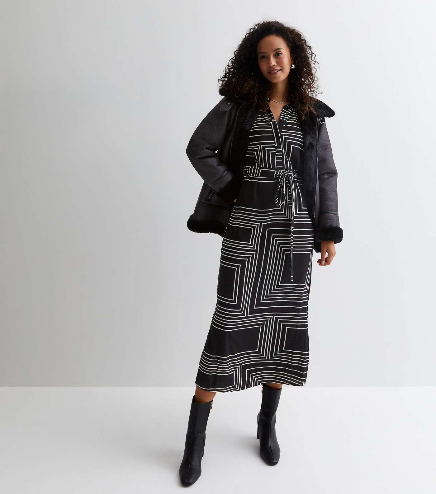 Tall Black Abstract Stripe Print Belted Midi Shirt Dress Image 3