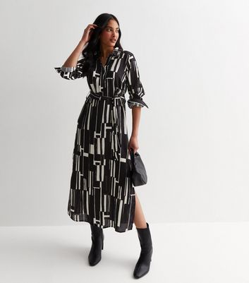 Black Abstract Print Midi Shirt Dress | New Look