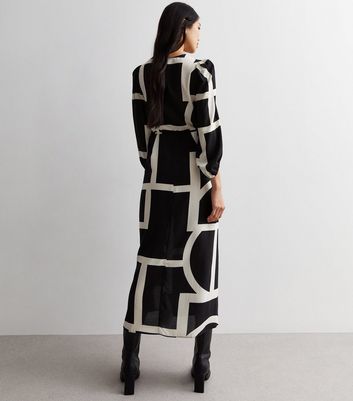 Black Geometric Print Puff Sleeve Midi Dress New Look