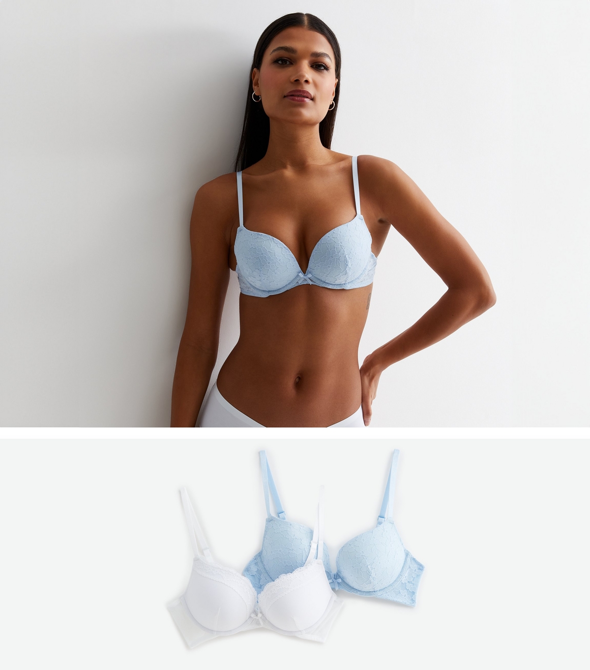 Women's 2 Pack Blue and White Lace Push Up Bras New Look