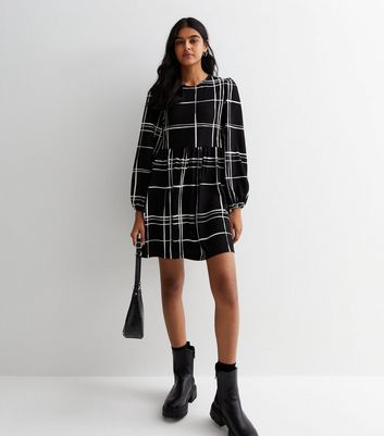 Black Check Crinkle Mini Smock Dress New Look