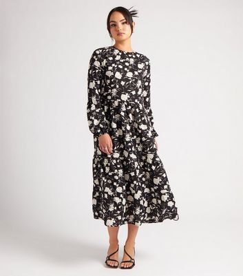 Urban Bliss Black Floral Long Sleeve Smock Midi Dress New Look