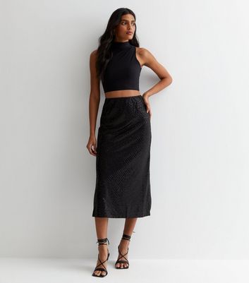 Gini London Black Sequin Midi Skirt New Look