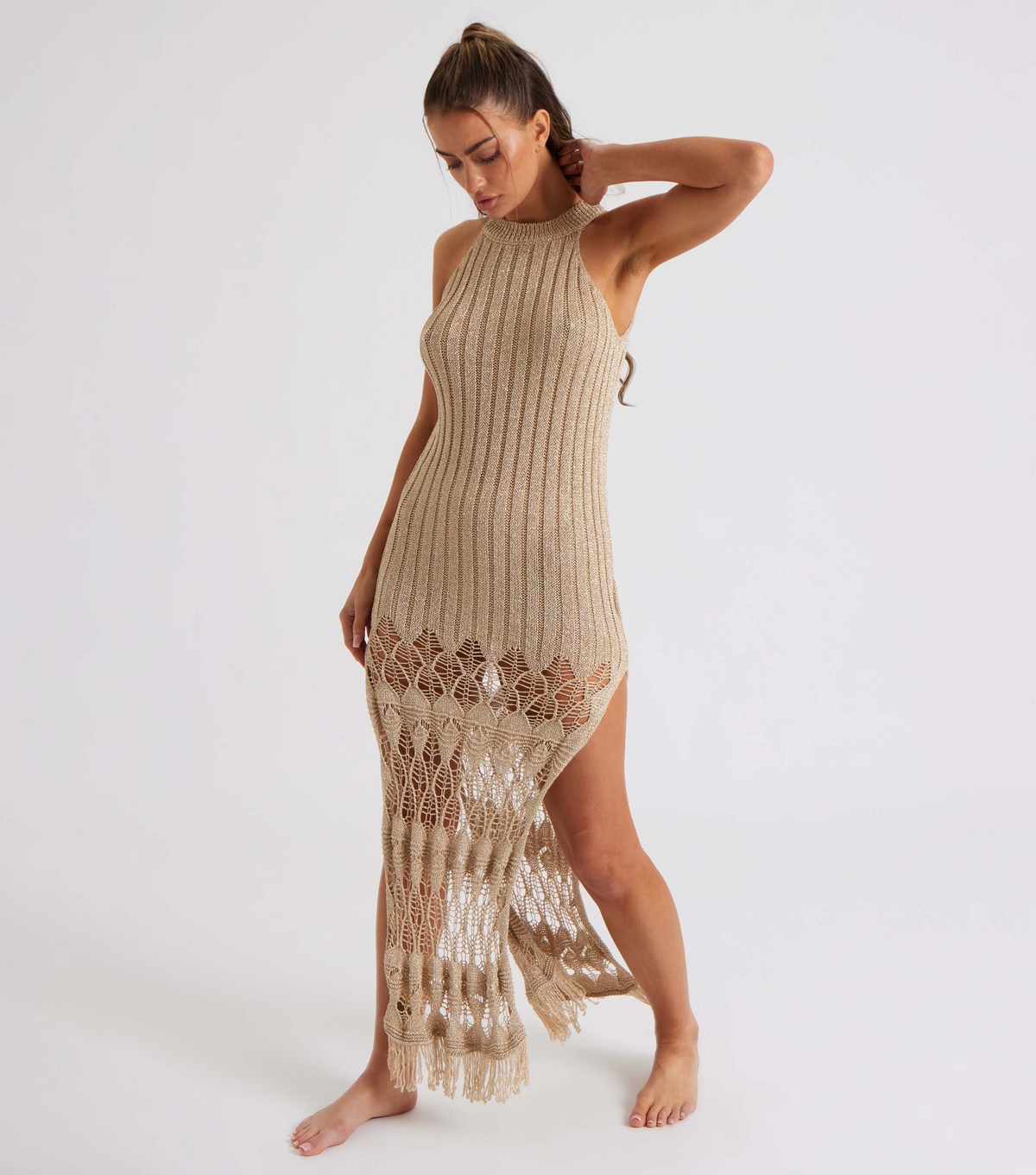 Women's Gold Crochet Knit Tassel Midaxi Dress Urban Bliss New Look