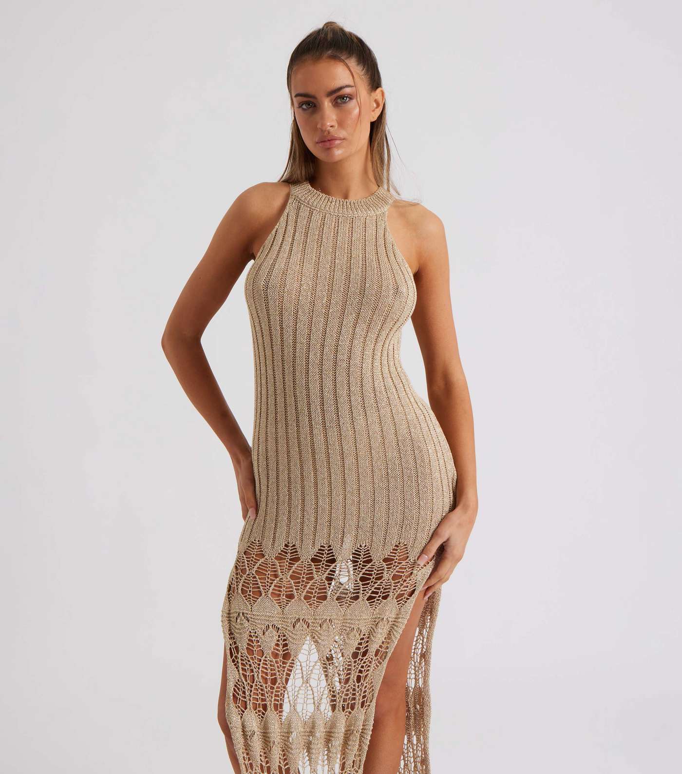 Urban Bliss Gold Crochet Knit Tassel Midaxi Dress Image 3