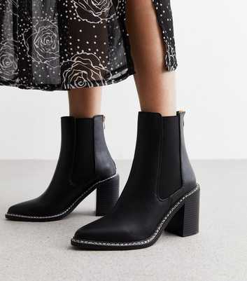 Black Leather-Look Pointed Toe Heeled Boots