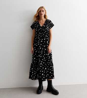 Gini London Black Spot V Neck Tiered Midi Dress