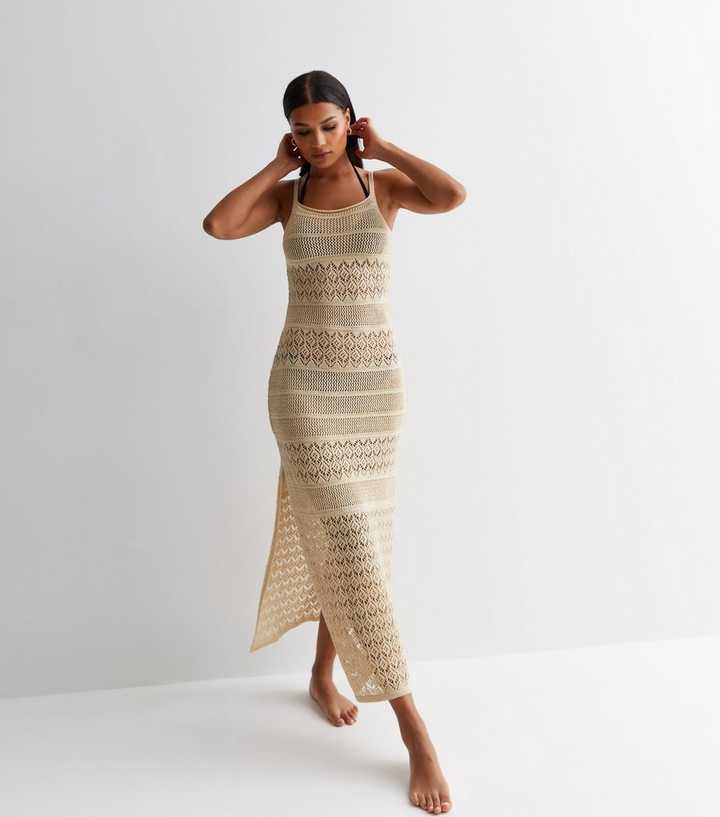 ASOS DESIGN long sleeve maxi crochet dress in cream