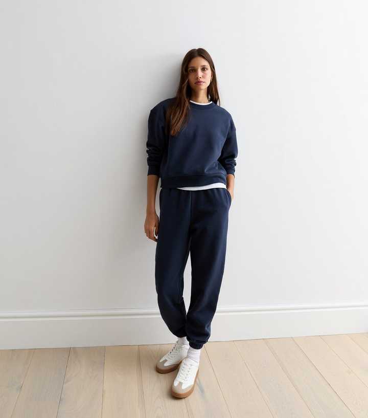 Wide Leg Jogging Pants Womens Slim Leg Joggers Navy Cotton-Blend