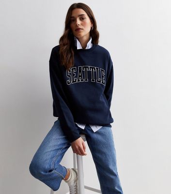 Navy Seattle Logo Oversized Sweatshirt New Look