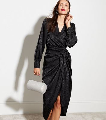 Black Leopard Print Satin Jacquard Wrap Midi Dress New Look