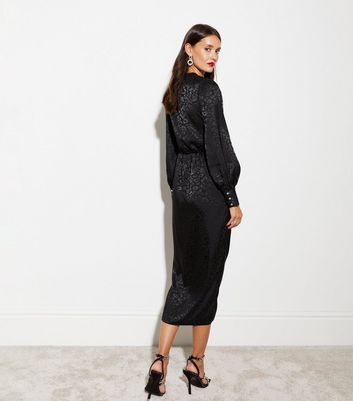 Black Leopard Print Satin Jacquard Wrap Midi Dress New Look