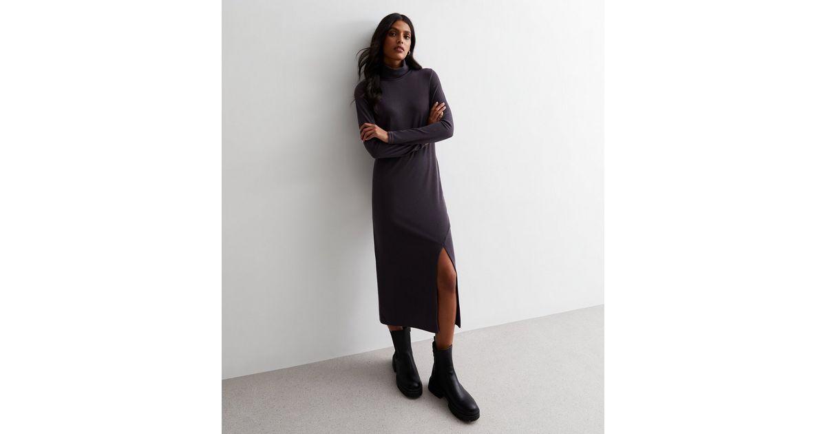 Nonsia Rib L S Rollneck Dress Dark Grey Melange
