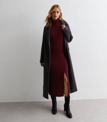 Burgundy Ribbed Roll Neck Midaxi Dress New Look