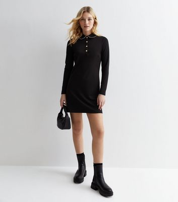 Black Jersey Collared Mini Dress New Look