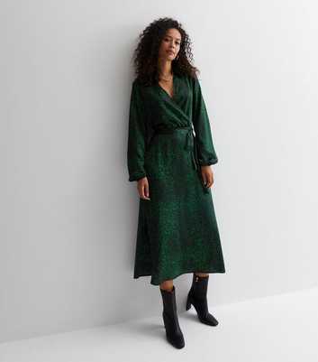 Tall Dark Green Animal Print Satin Midaxi Wrap Dress